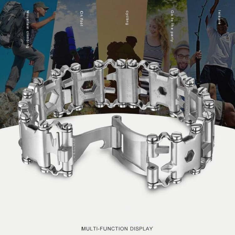 Multifunctional Stainless Steel Outdoor Survival Tool Bracelet for Men (316L Width Silver)