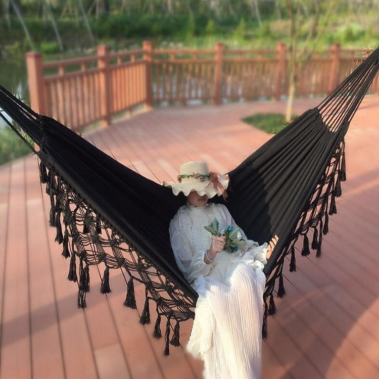 Tassel Hammock Double Canvas Hammock Outdoor Indoor Photography Props, Specification: 200x150cm Black