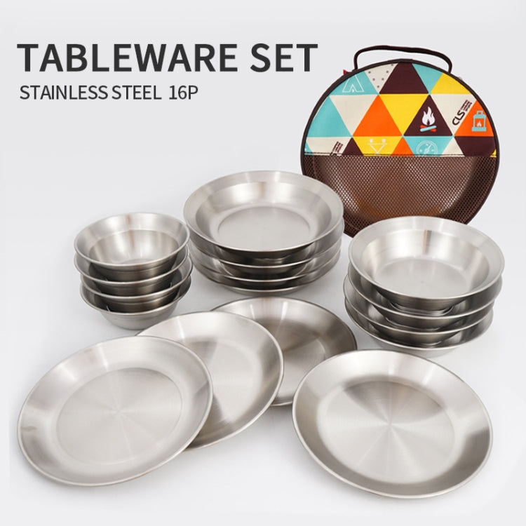 16 PCS / Set CLS Outdoor Stainless Steel Tableware Portable Camping Dinner Bowl Plate Set