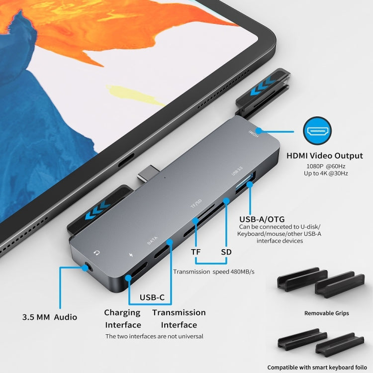 For iPad Pro 7-in-1 HDMI 4K + 3.5 mm Audio + SD/TF + 1 USB 3.0 + USB-C/Type-C + PD USB-C Docking Station