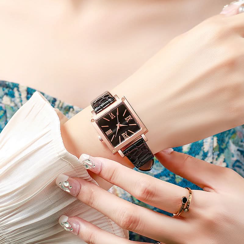 Square Watch with Natural Wood Pattern Dial