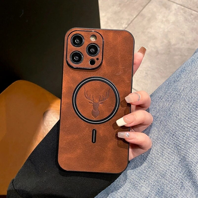 Luxury Deer Leather Apple iPhone Case | Magnetic Phone Case, Wireless Case, MagSafe, Wireless Charging, Protective Case, Cover for iPhone 15, 14, 13 Pro Max Plus