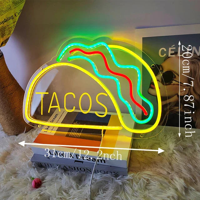 Neon Fast Food Sign – Bright Tacos Design, LED Night Light for Restaurants and Kitchens