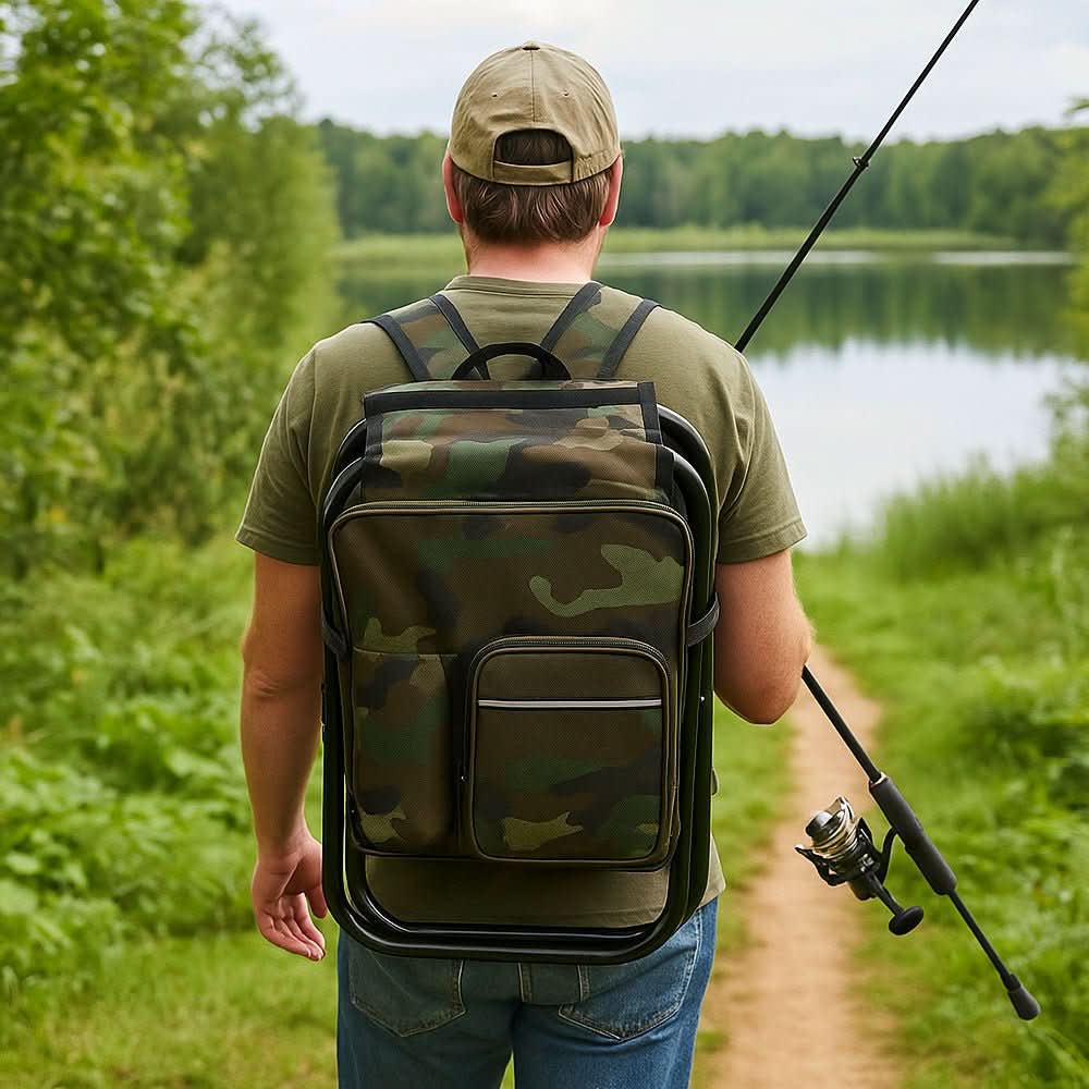 3-in-1 camouflage rucksack with folding chair & cooler compartment