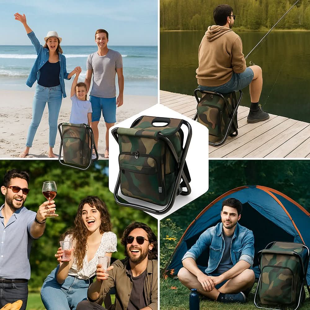 3-in-1 camouflage rucksack with folding chair & cooler compartment