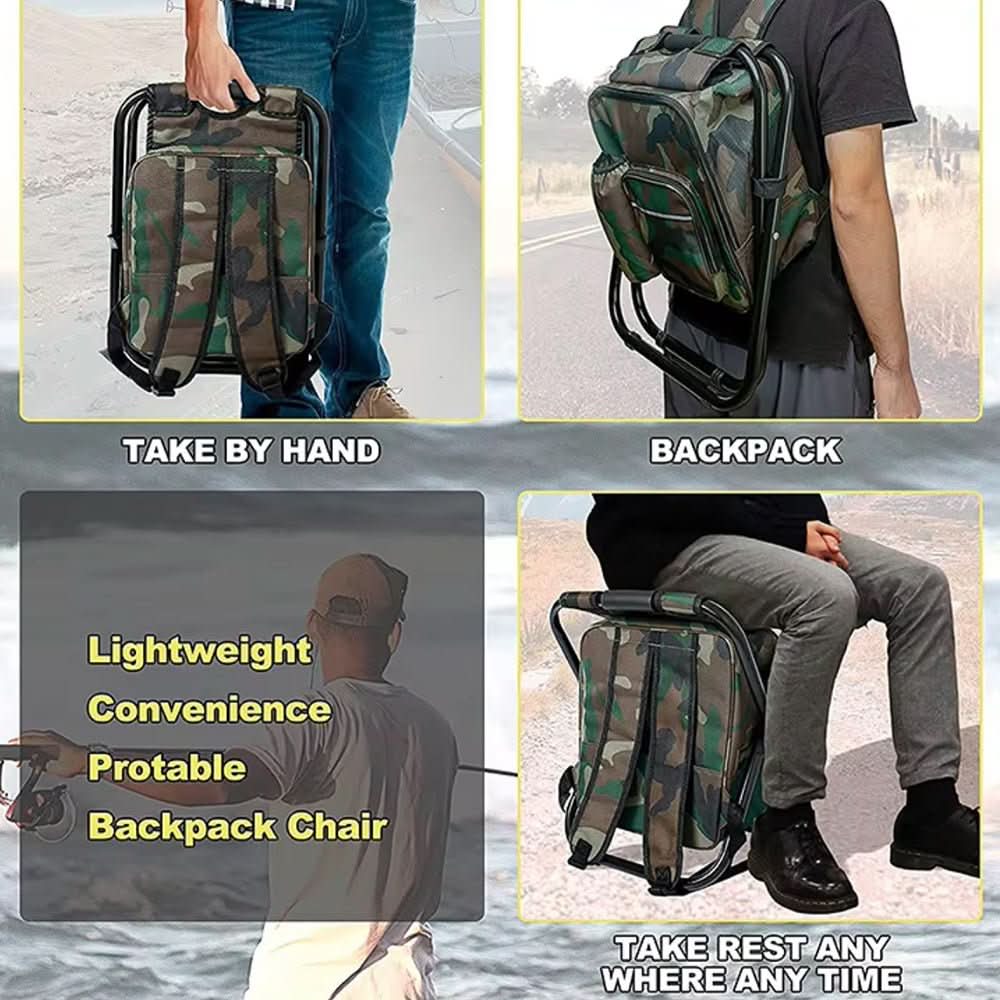 3-in-1 camouflage rucksack with folding chair & cooler compartment