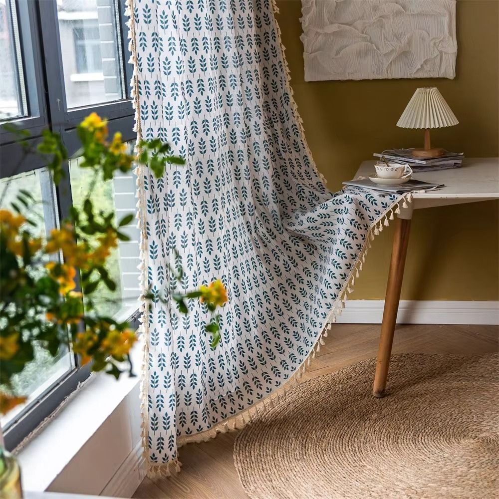 Teal Blue Leaves Semi Sheer Curtains