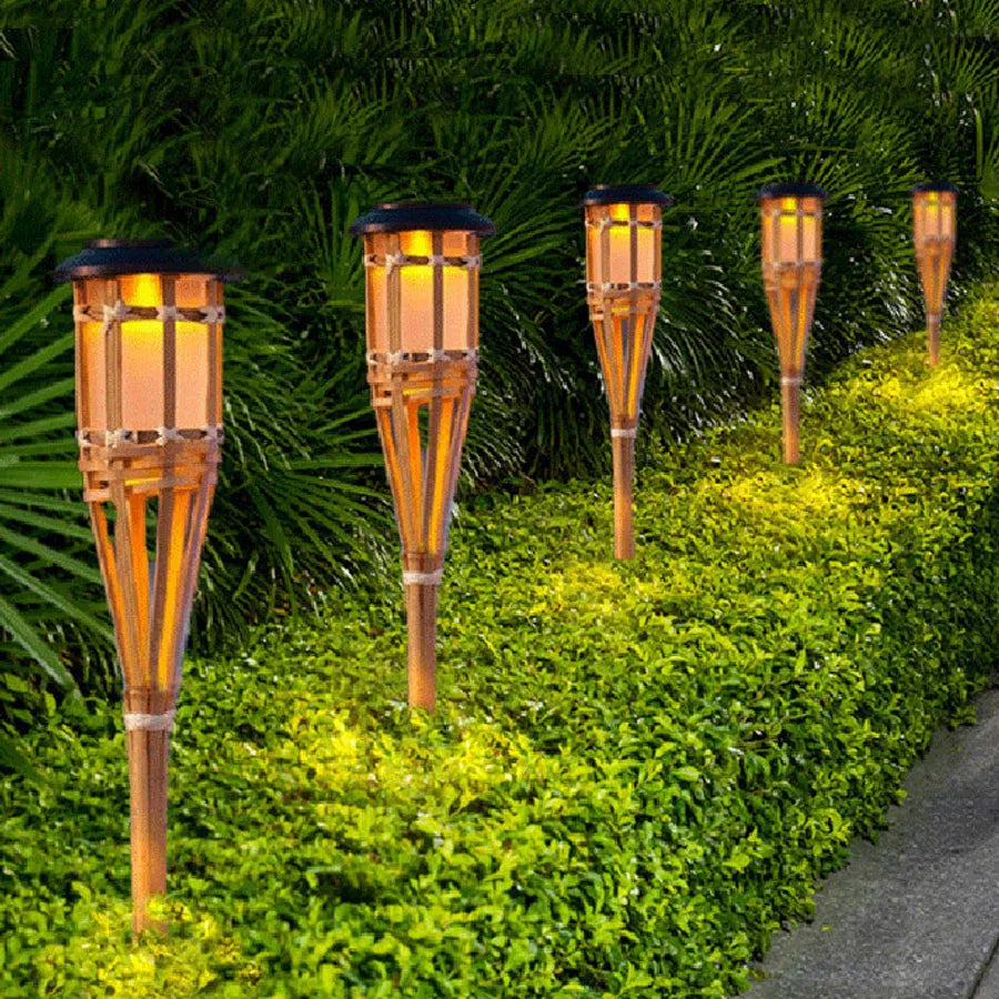Solar-powered garden torches in bamboo design – Weatherproof LED decorative lighting for outdoors