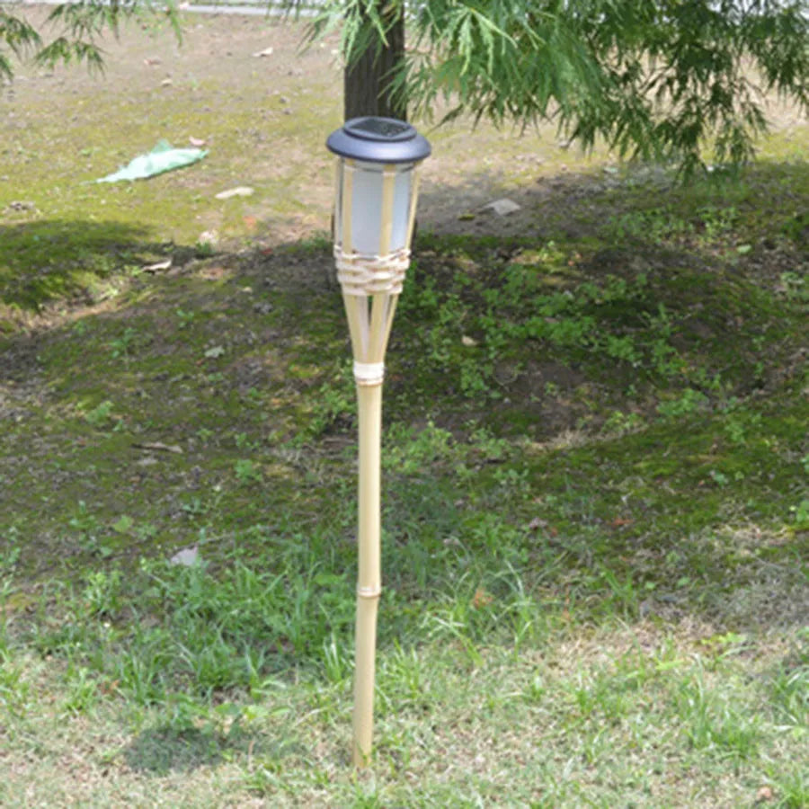 Solar-powered garden torches in bamboo design – Weatherproof LED decorative lighting for outdoors