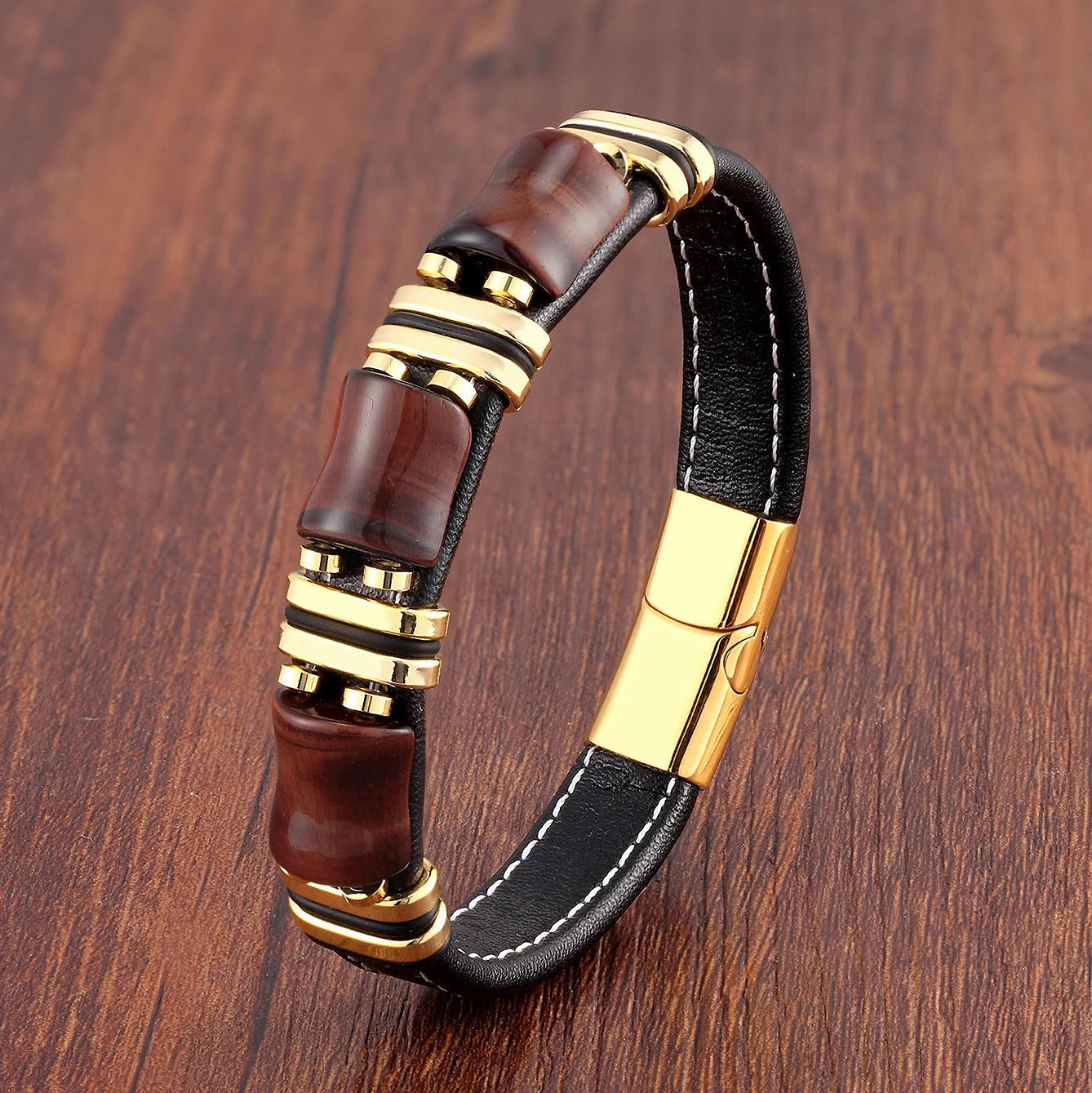 Tiger Power Leather Bracelet – Natural Stone Jewelry with Tiger Eye and Stainless Steel Accents