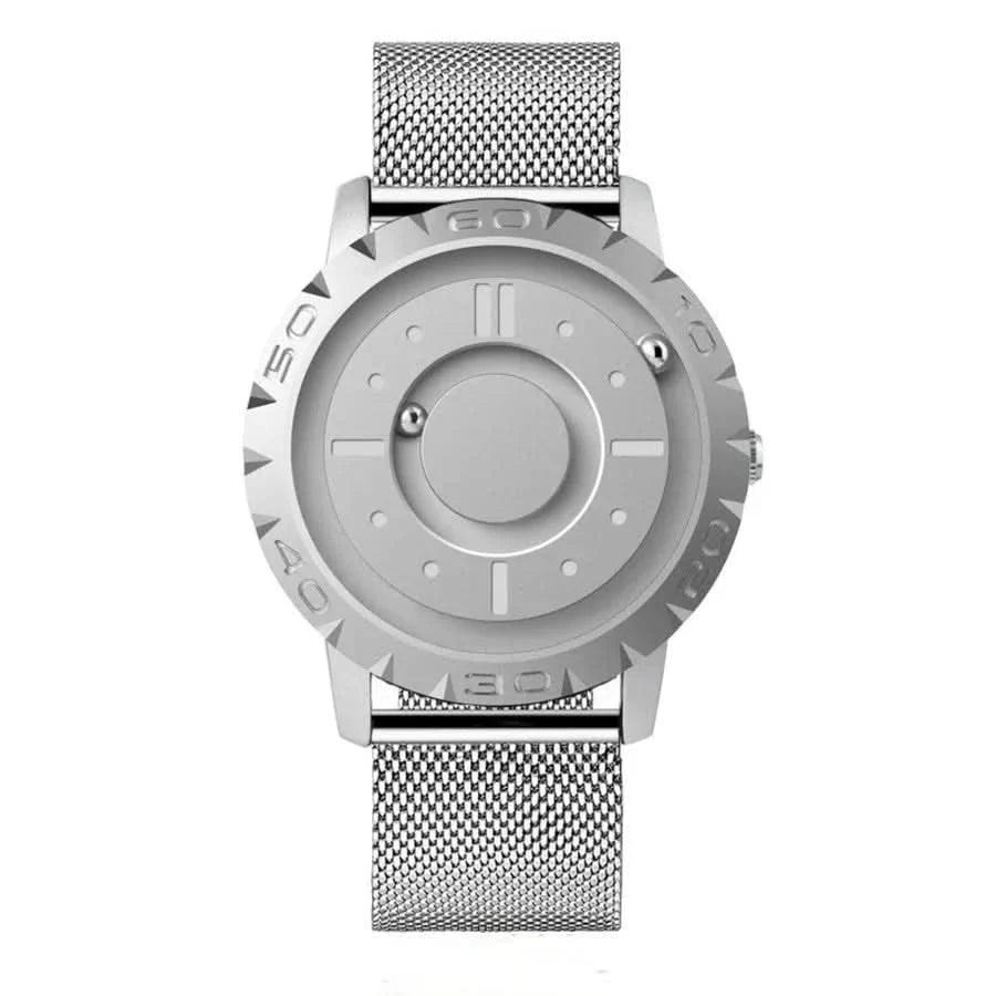 Magnetic ball watch with stainless steel case & mesh bracelet - Futuristic time display for technology lovers