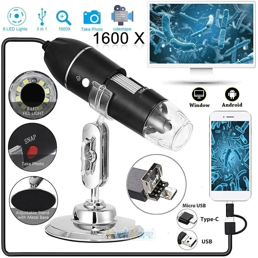 Portable digital camera microscope with 1600x zoom