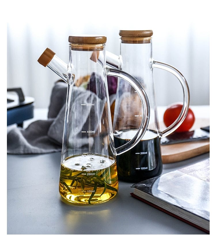 Transparent glass oil bottle with handle