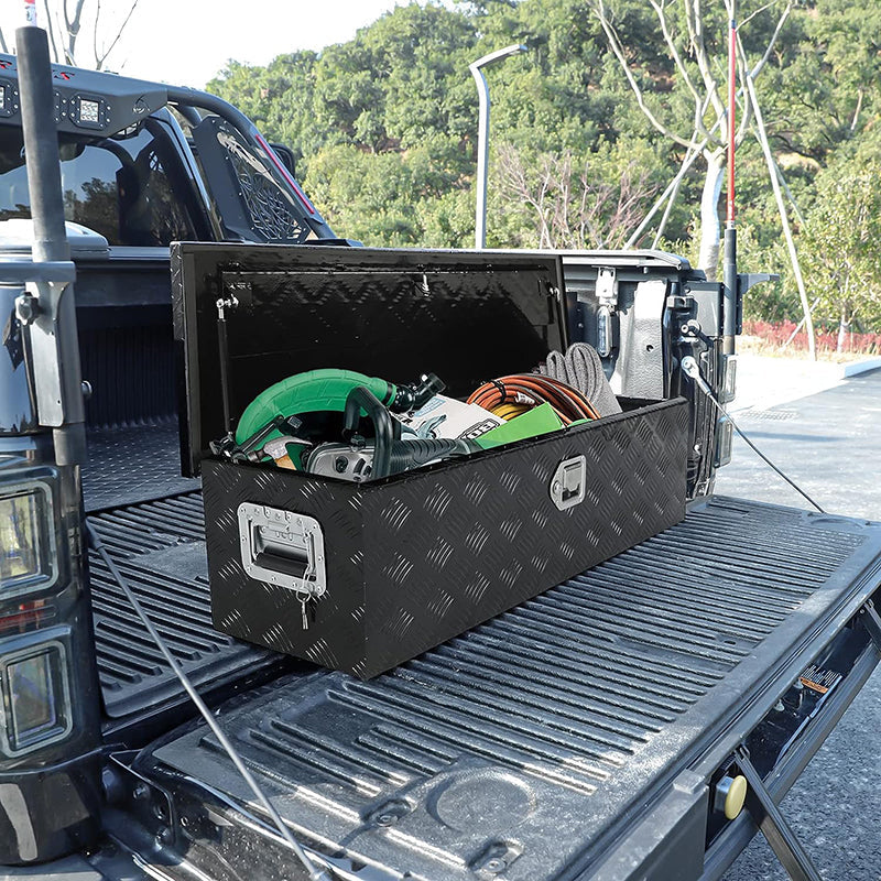 39" Heavy Duty Aluminum Stripes Plated Tool Box Pick Up Truck Toolbox Storage Organizer with Side Handle, Lock and Keys