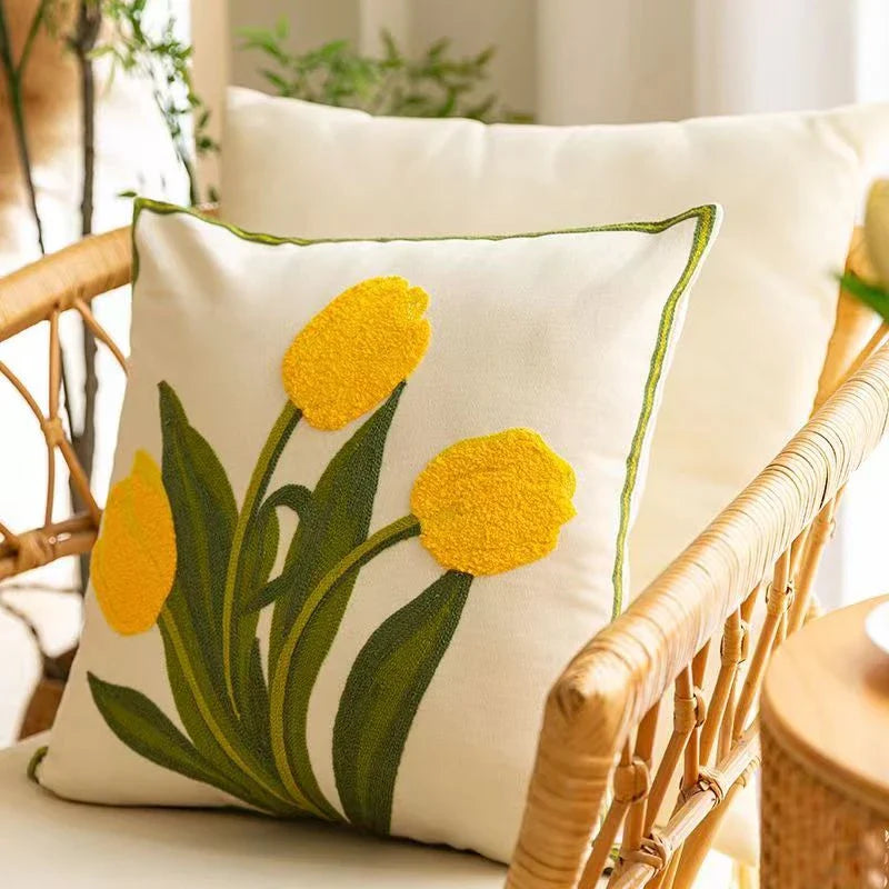 Embroidered tulip cushion cover