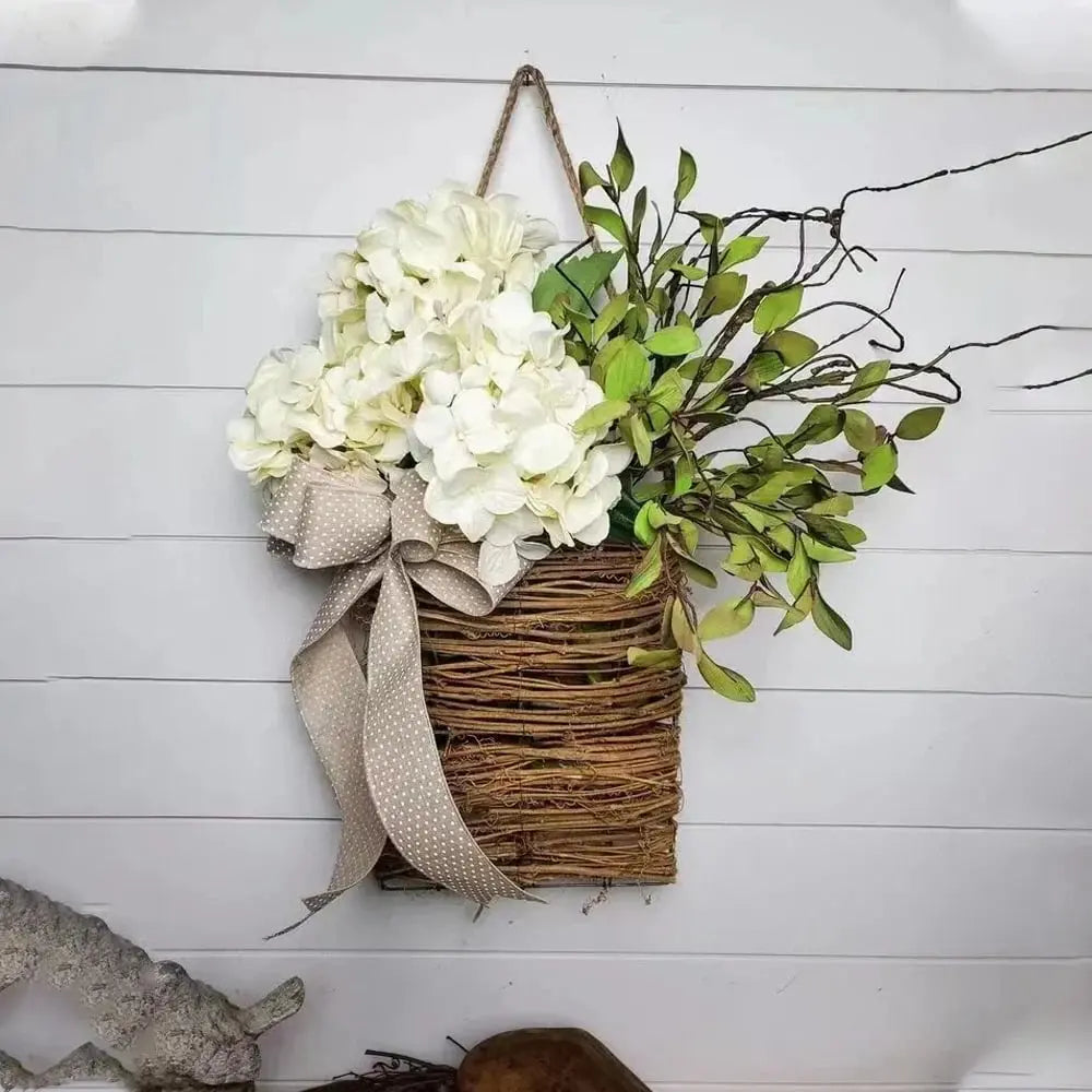 Door hanger with cream hydrangeas – rattan basket wreath with artificial flowers