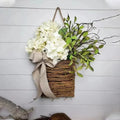Door hanger with cream hydrangeas – rattan basket wreath with artificial flowers