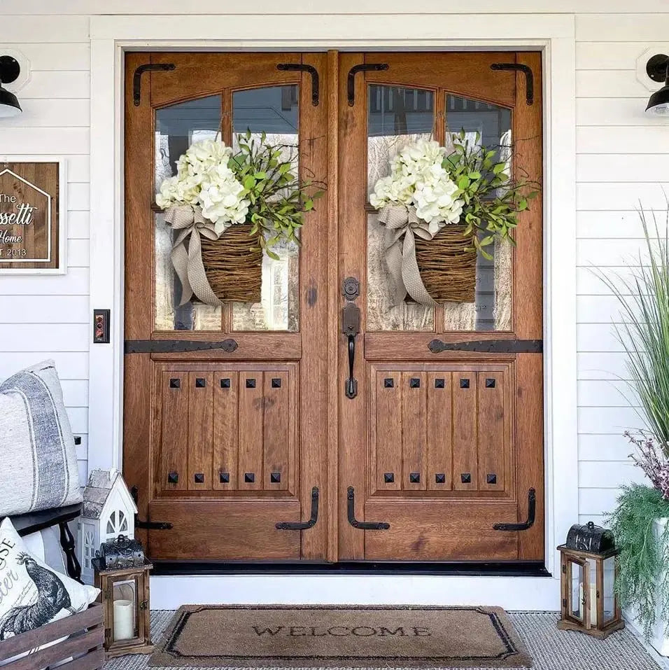 Door hanger with cream hydrangeas – rattan basket wreath with artificial flowers