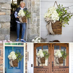 Door hanger with cream hydrangeas – rattan basket wreath with artificial flowers