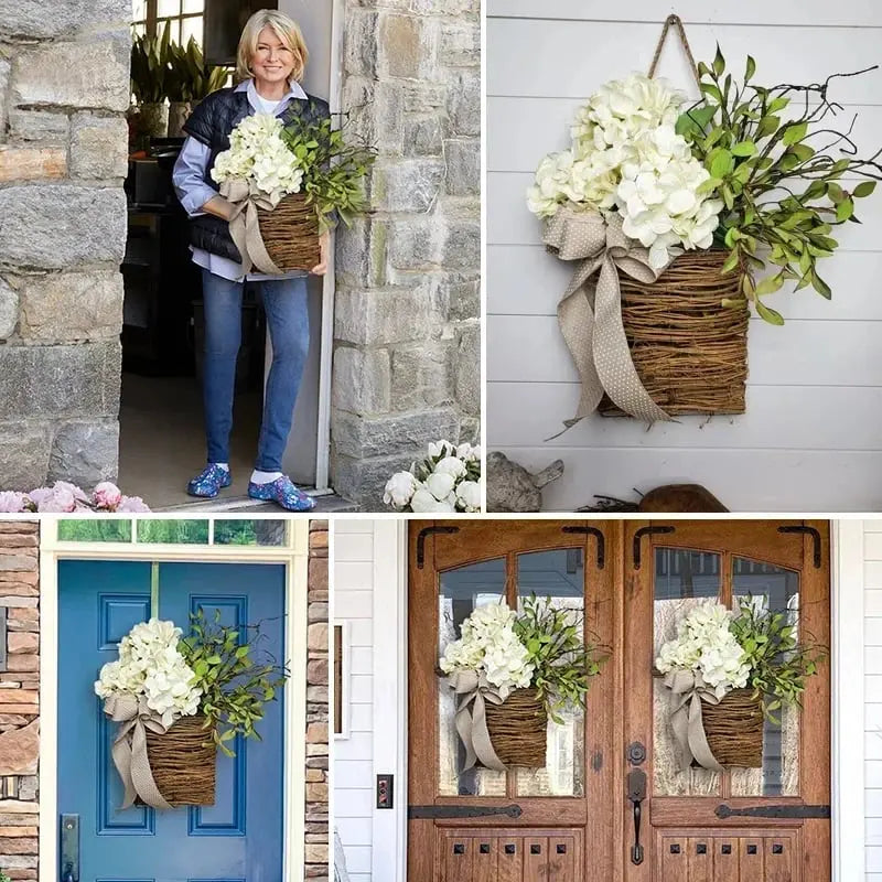 Door hanger with cream hydrangeas – rattan basket wreath with artificial flowers