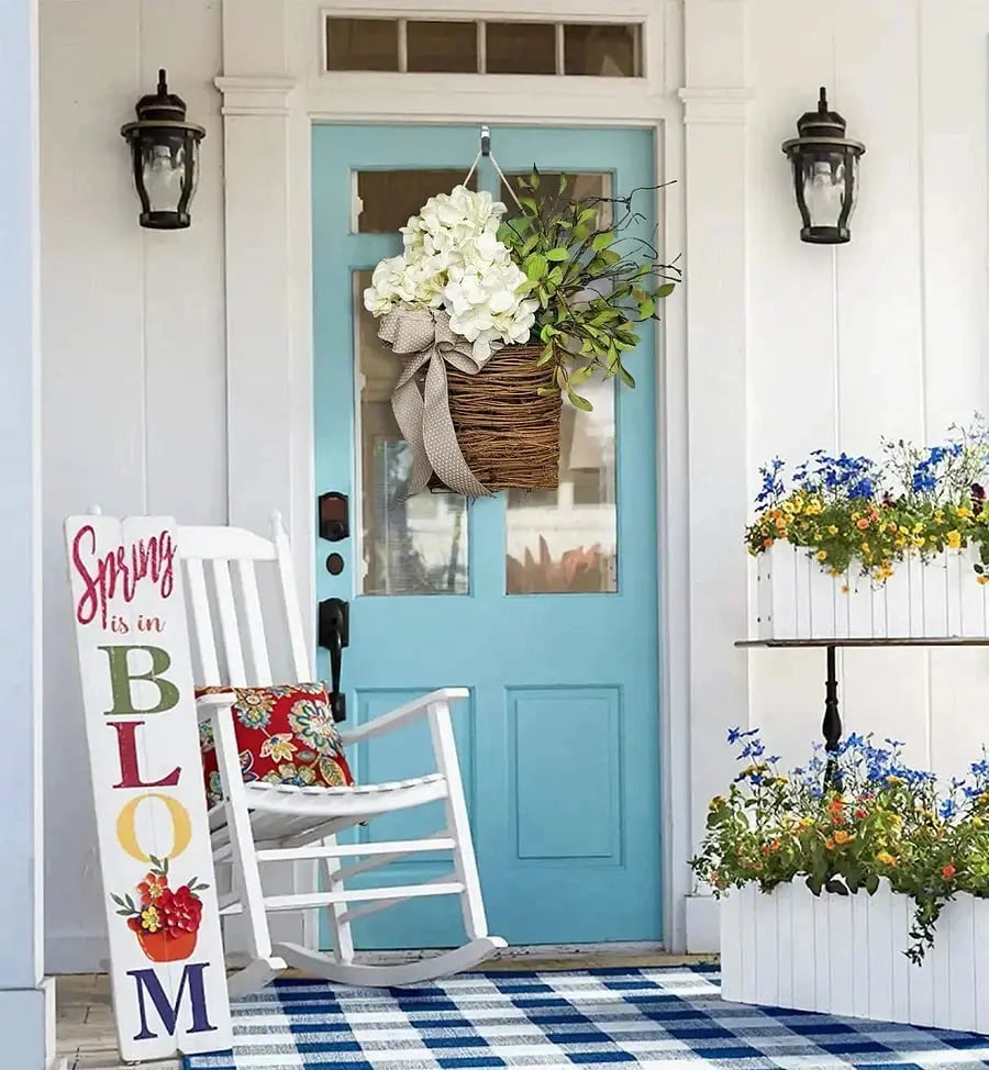 Door hanger with cream hydrangeas – rattan basket wreath with artificial flowers