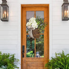 Door hanger with cream hydrangeas – rattan basket wreath with artificial flowers