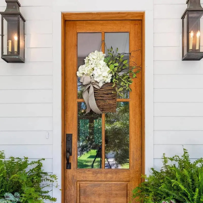 Door hanger with cream hydrangeas – rattan basket wreath with artificial flowers