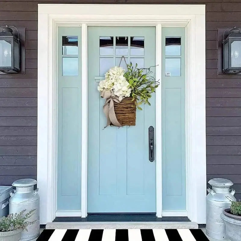 Door hanger with cream hydrangeas – rattan basket wreath with artificial flowers