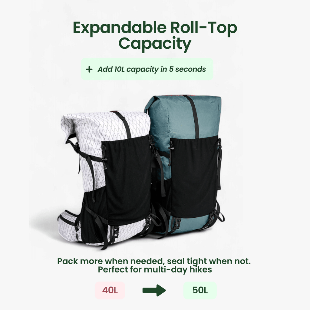Ultralight 50L adventure backpack with rolltop and ripstop nylon