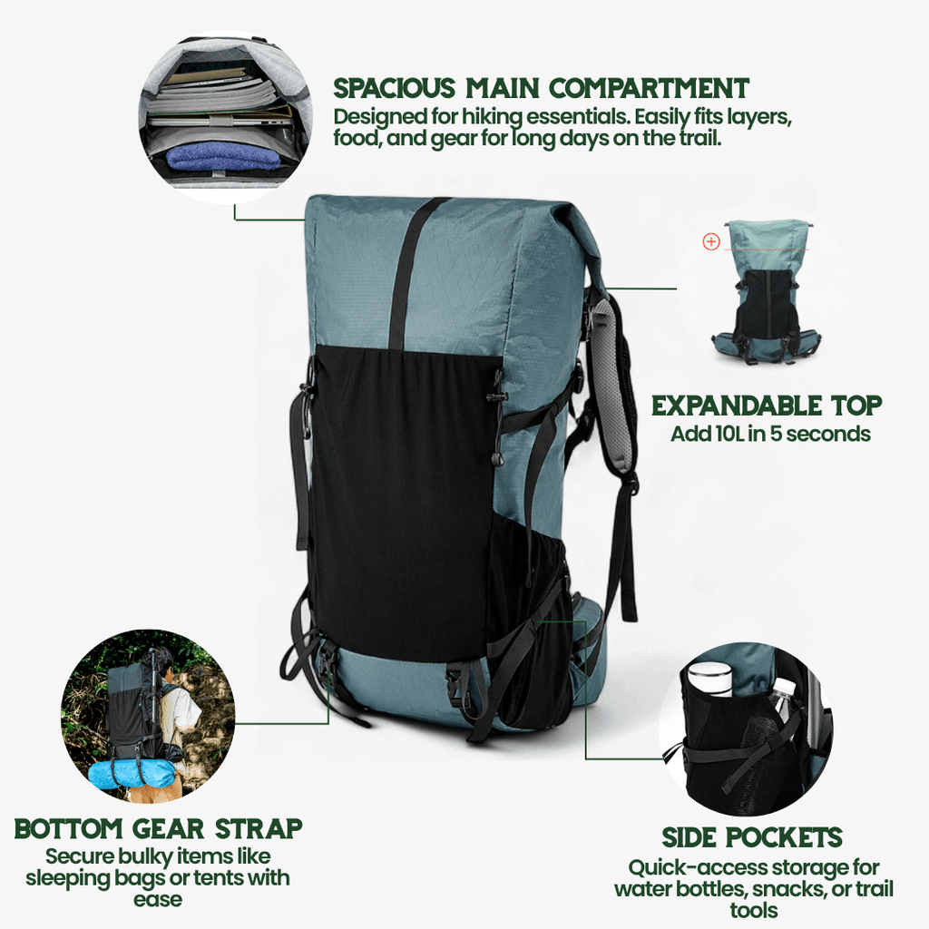 Ultralight 50L adventure backpack with rolltop and ripstop nylon