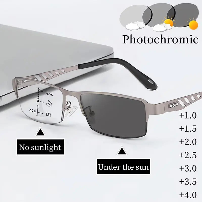 Ultra-light multifocal self-tinting reading glasses
