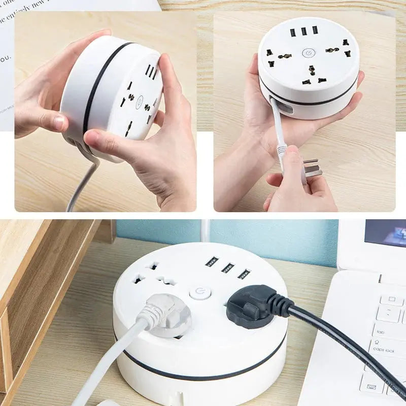 Universal power strip with retractable cable & USB ports