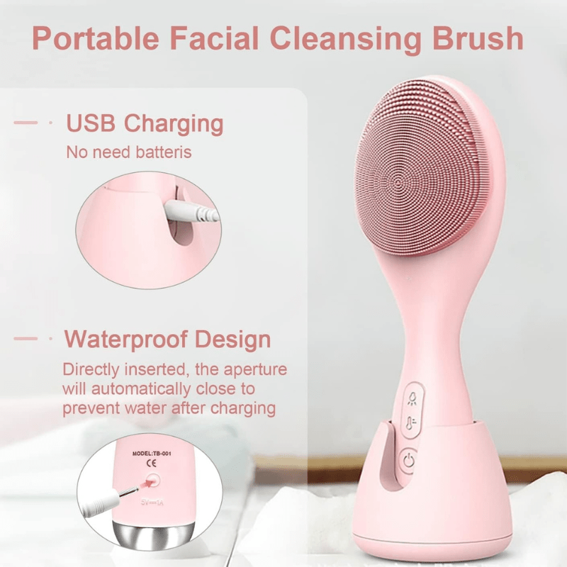 Electric facial cleanser with LED light & 42 °C heat technology | Silicone skincare device with sound vibration