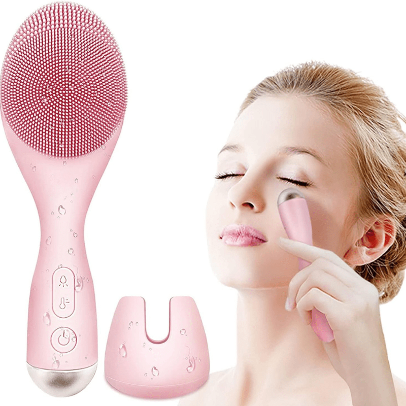 Electric facial cleanser with LED light & 42 °C heat technology | Silicone skincare device with sound vibration
