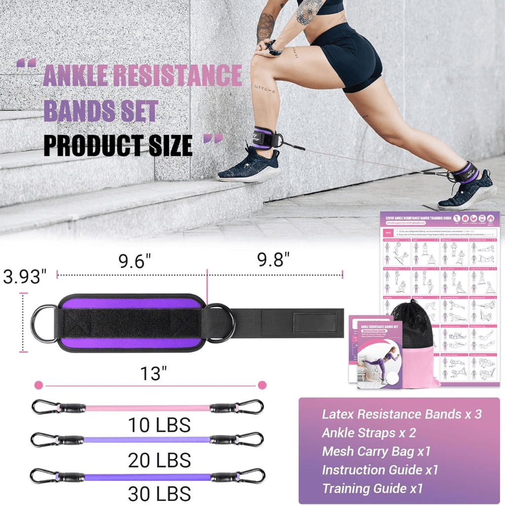 resistance bands for buttocks & hips with ankle strap & training poster