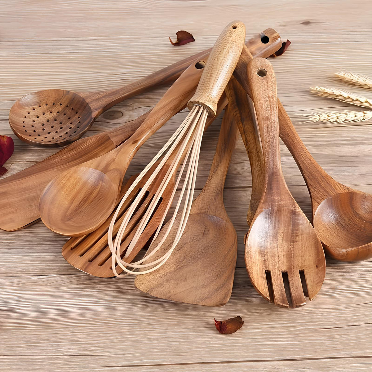 11-Piece Kitchen Utensil Set Made of Teak – Including Holder – Natural Look for the Kitchen