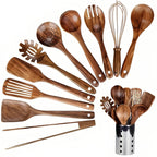 11-Piece Kitchen Utensil Set Made of Teak – Including Holder – Natural Look for the Kitchen