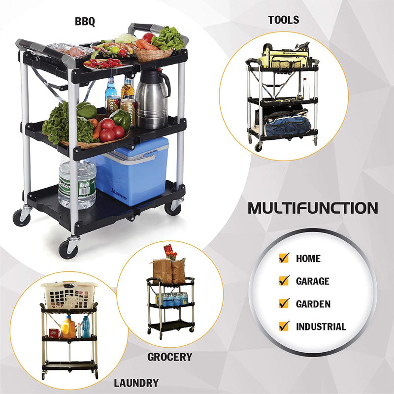 Utility Carts Foldable Utility Service Cart Shelf 150LBS Heavy Duty Plastic Rolling Cart Folding Collapsible Service Cart