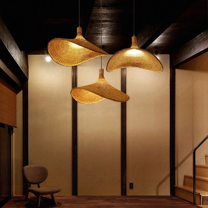 Natural Bamboo Pendant Light for Dining Room, Handcrafted Hanging Lamp in Boho Style