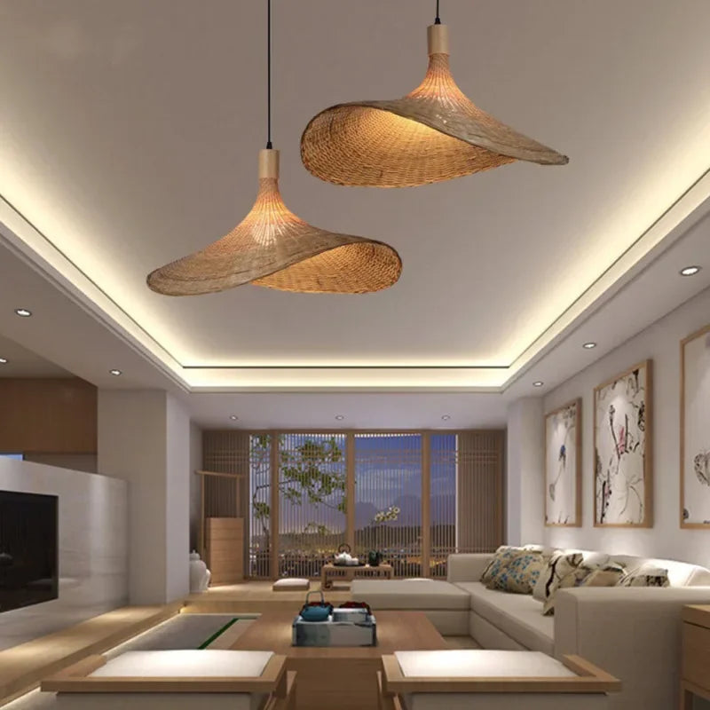 Natural Bamboo Pendant Light for Dining Room, Handcrafted Hanging Lamp in Boho Style