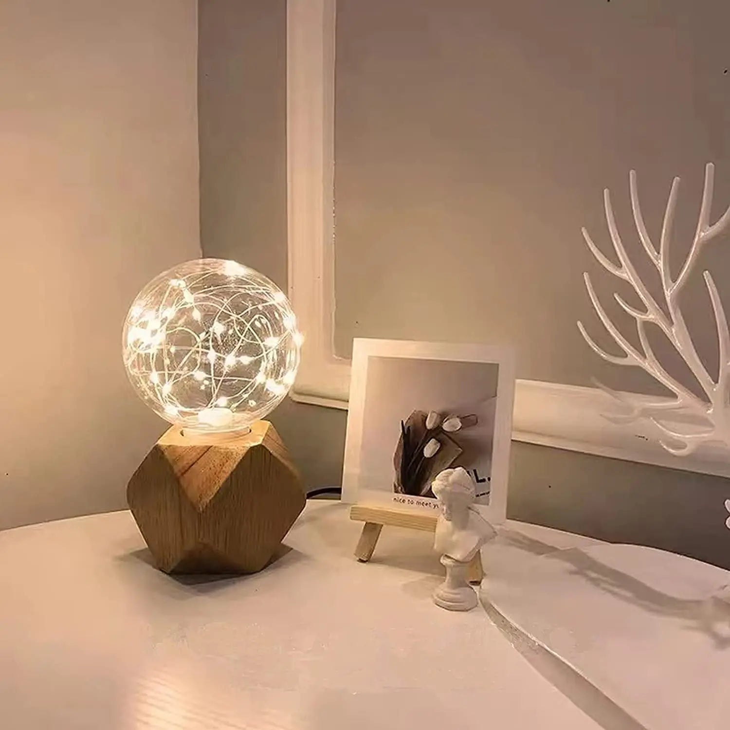 Retro Wooden Table Lamp with Light Ball – Decorative Lighting for Home