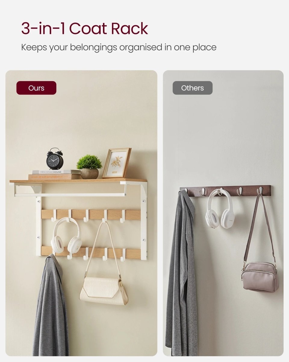 3-in-1 wall coat rack with shelf, hooks, and clothes rail