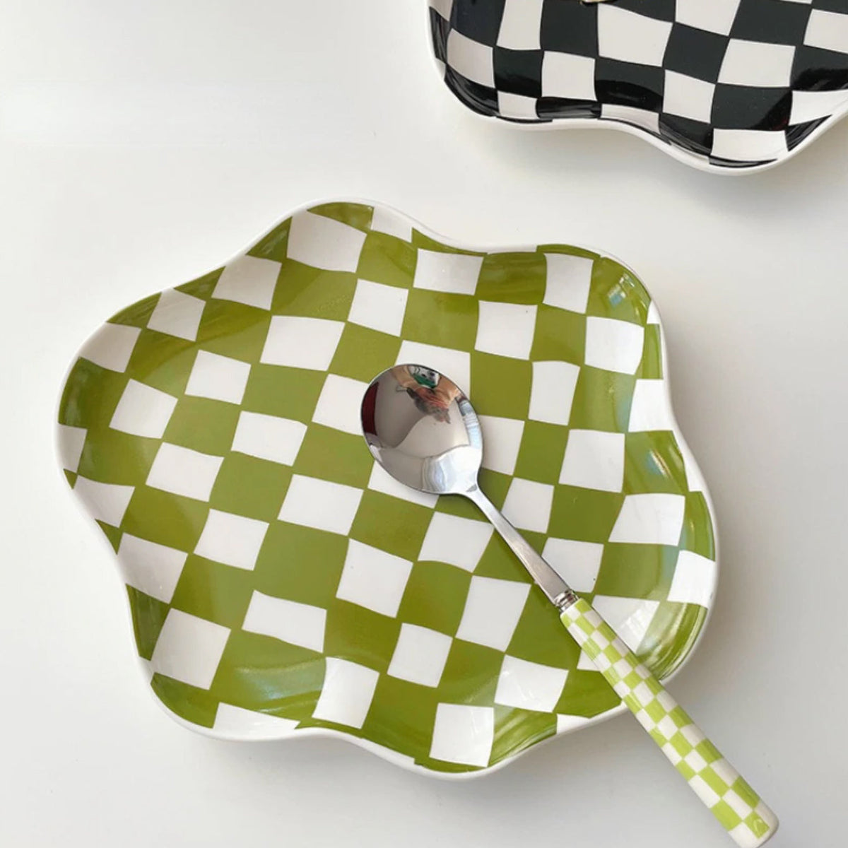 Wavy Edge Checkerboard Tray - Black, Green