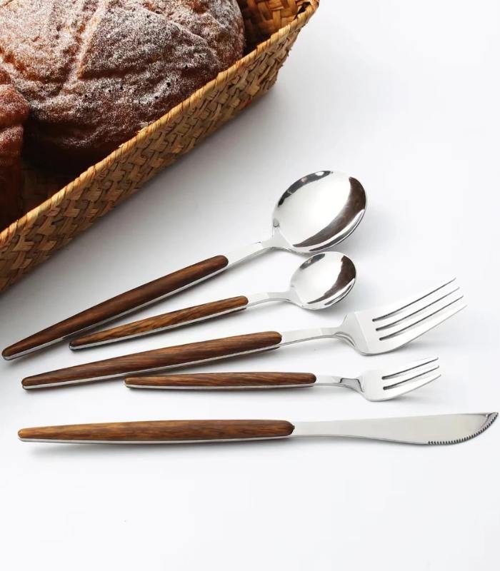 Premium stainless steel cutlery with wood accent