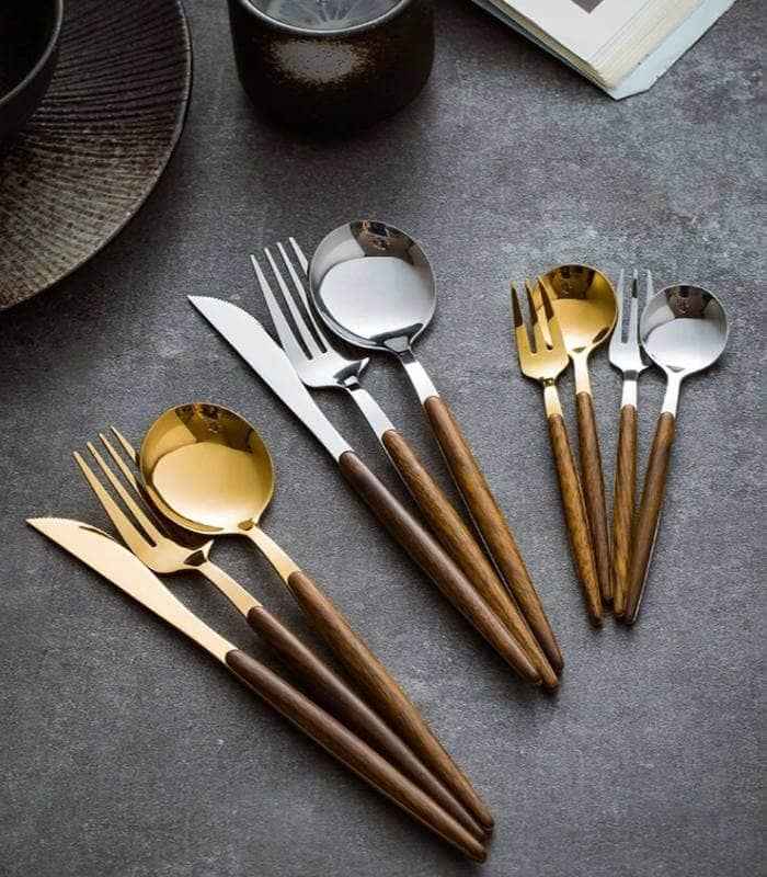 Premium stainless steel cutlery with wood accent