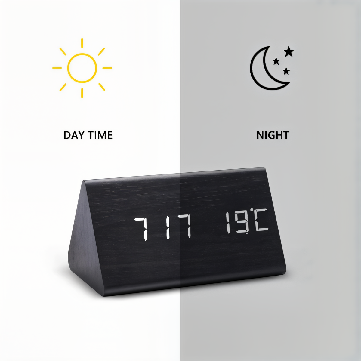 WakeyCue | Modern Wooden LED Digital Alarm Clock with Temperature & Humidity Display