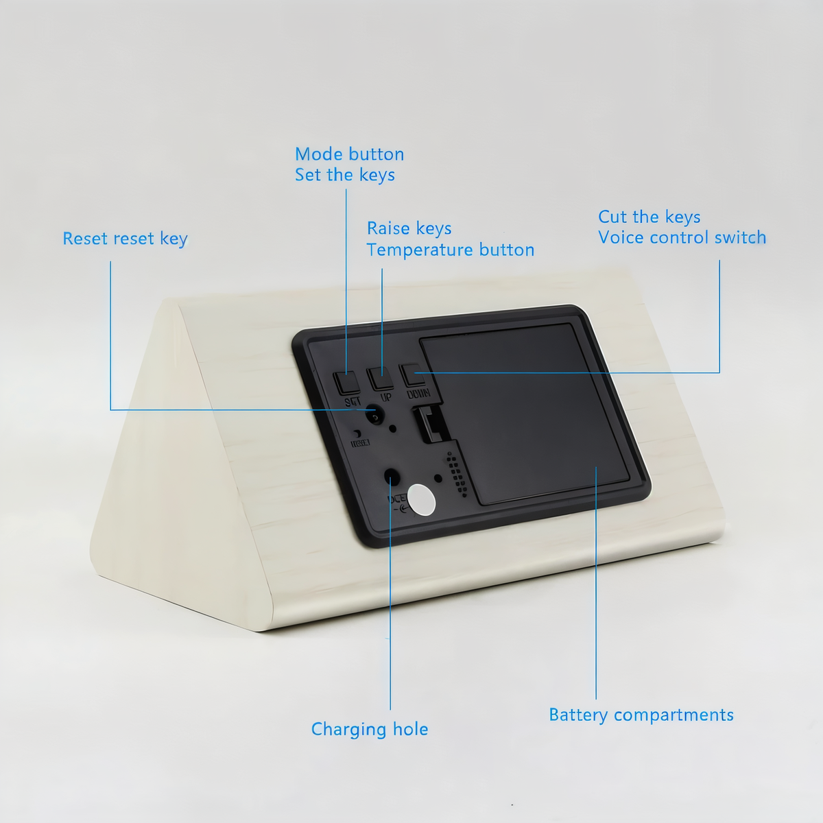 WakeyCue | Modern Wooden LED Digital Alarm Clock with Temperature & Humidity Display