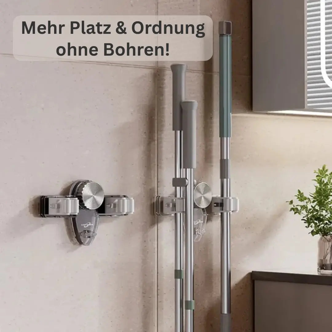 Space-saving holder for brooms & tools – Quickly mounted, no drilling