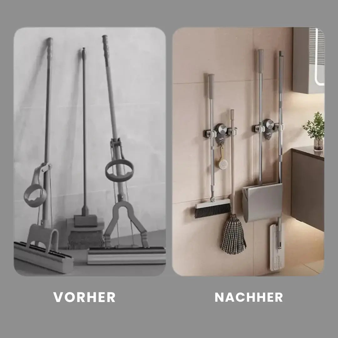 Space-saving holder for brooms & tools – Quickly mounted, no drilling