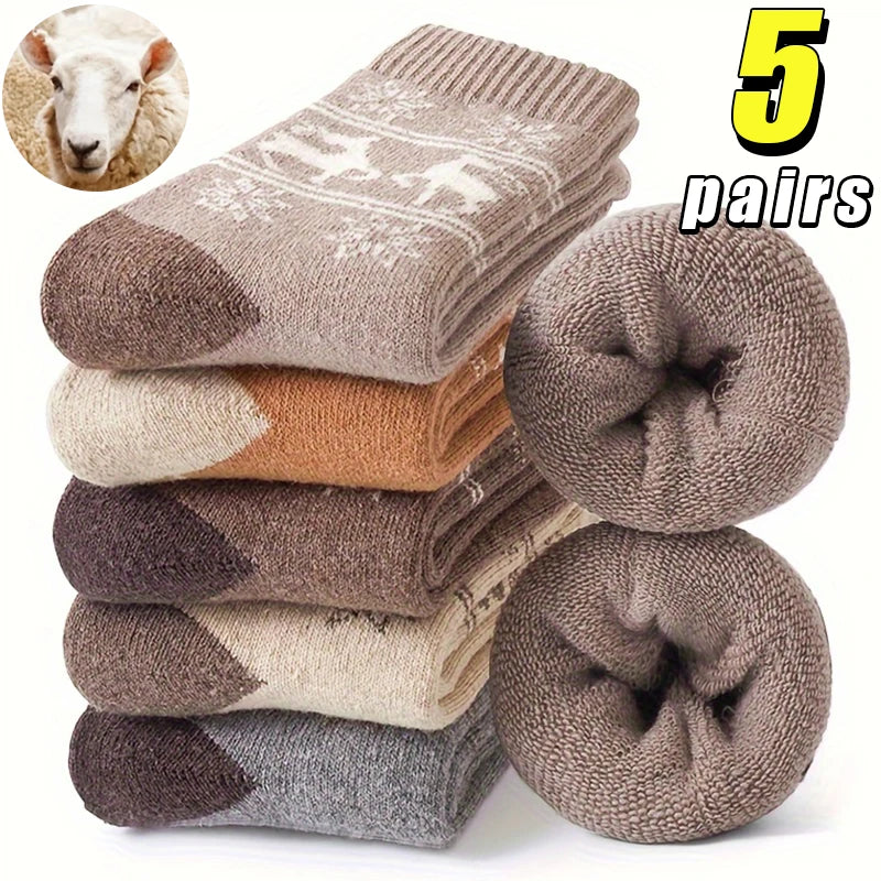 Winterwollen Sokken voor Dames – Warme Gebreide Sokken met Elandenprint (5 Paar)